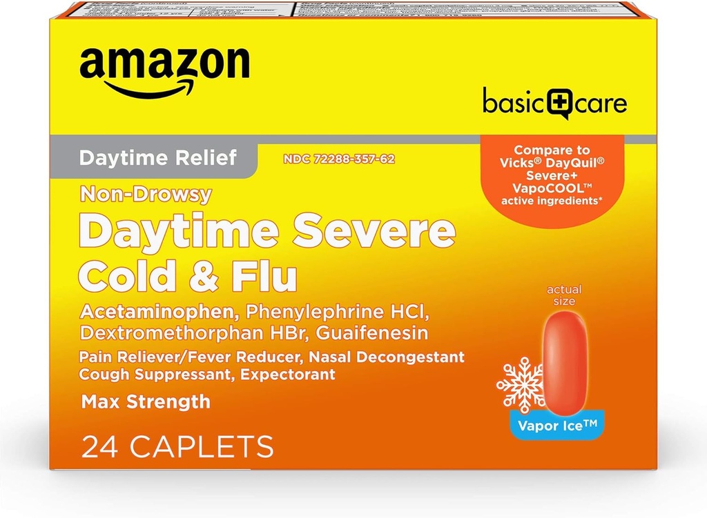 Basic Care Daytime Severe Cold & Flu Relief Caplets, Severe Cold ve Flu Belirtileri Baş Ağrı, Ateş, Coughing, Chest & Nasal Congestion, Vapor Ice, 24 Count