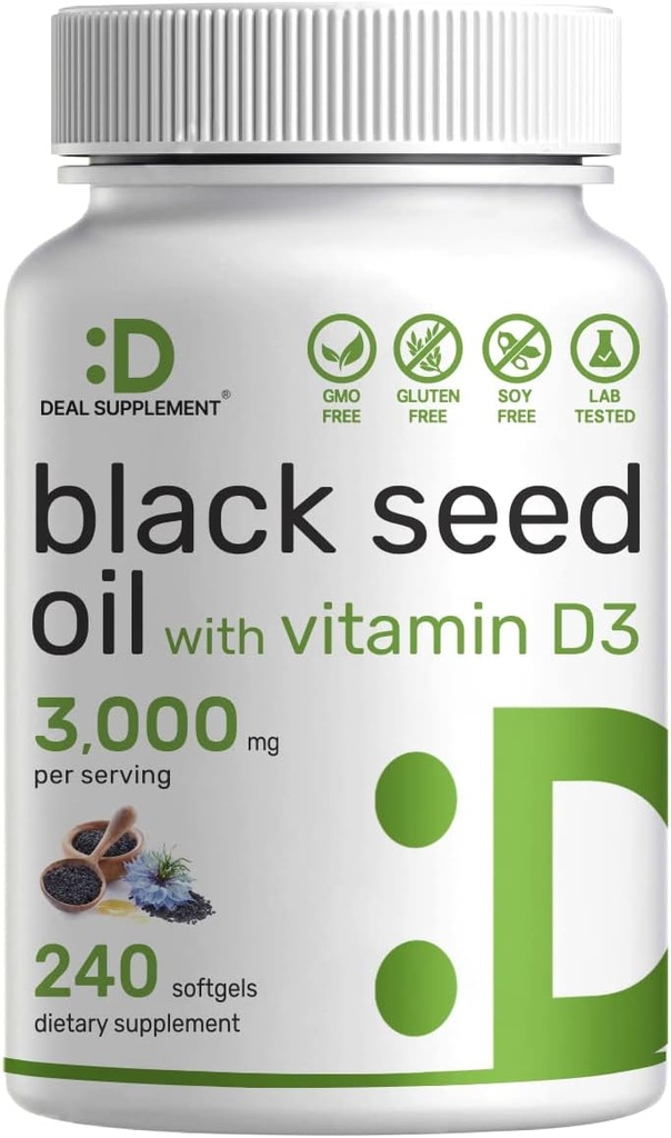 DEAL SUPPLEMENT Black Seed Oil, 240 Softgels – Cold-Pressed Nigella Sativa, Doğal Occurring Youmoquinone (TQ) – Non-GMO, No Gluten – Black Cumin Tohum Sıvı Capsules with Vitamin D3