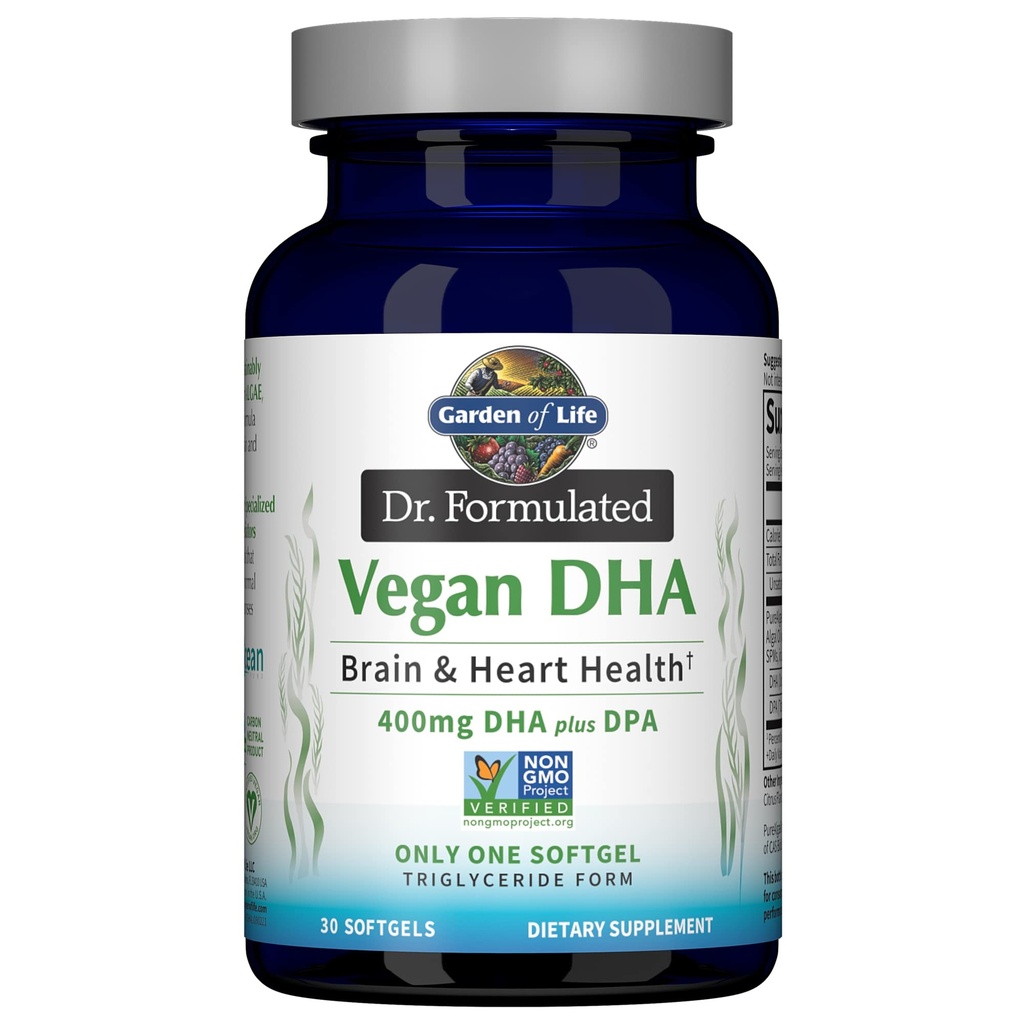 Life Omega 3 Vegan DHA Supplements Dr. Formulated Vegan DHA, 400 mg DHA & 90mg DPA in Triglyceride Form from a Single Source, Omega 3 Supplement for Women's and Men's Health, 30 Softgels