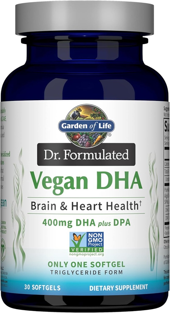 Life Omega 3 Vegan DHA Supplements Dr. Formulated Vegan DHA, 400 mg DHA & 90mg DPA in Triglyceride Form from a Single Source, Omega 3 Supplement for Women's and Men's Health, 30 Softgels