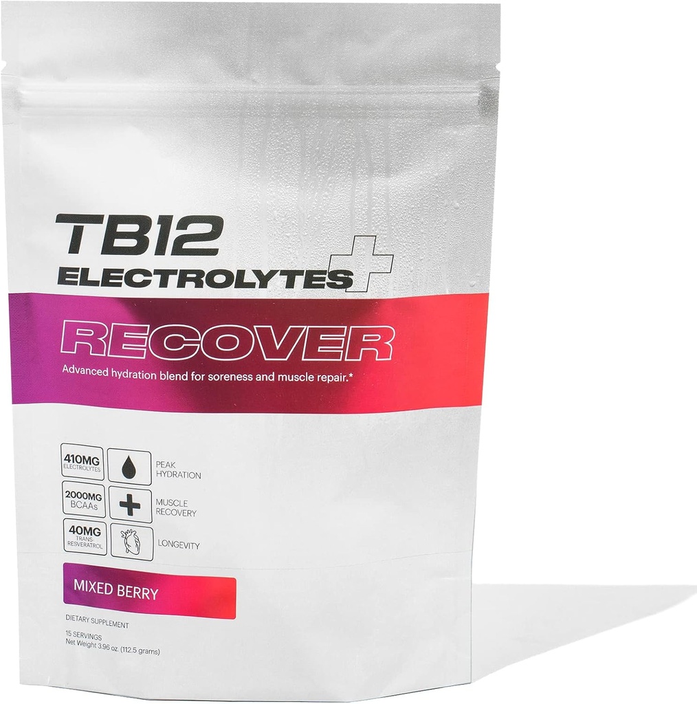 TB12 Electrolytes Plus Recover - Post-Workout Electrolytes Toz with Fonksiyonel Recovery Malzemeler | Tart Cherry, L-Glutamine, BCAA | Muscle Recovery & Soreness Relief | Sugar Free, Non-GMOMO