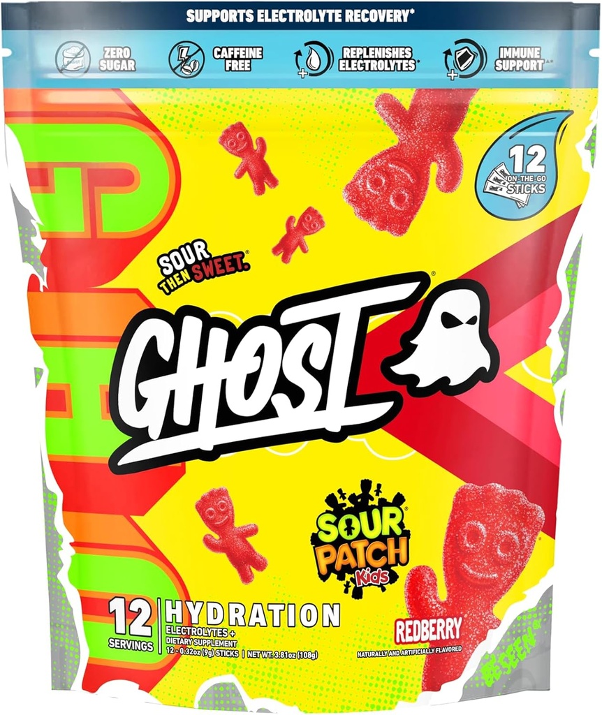 Πακέτα ενυδάτωσης GHOST, Sour Patch Kids Redberry, 12 Sticks, Electrolyte Powder - Συμπλήρωμα μειγμάτων ποτών με μαγνήσιο, κάλιο, ασβέστιο, βιταμίνη C - Vegan, Χωρίς σόγια, ζάχαρη & γλουτένη