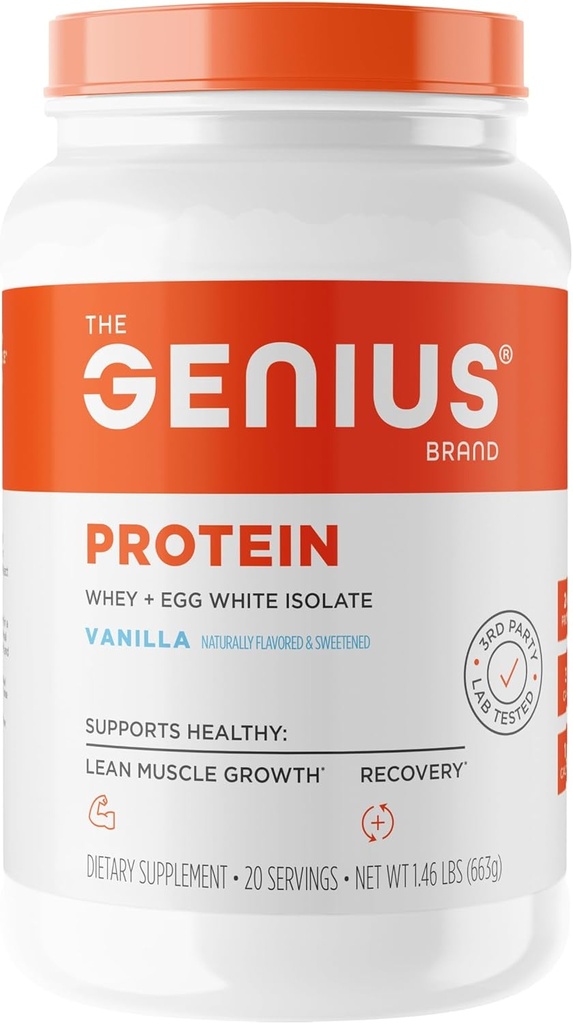 Genius Protein Powder, Vanilla - Διπλή ανάμειξη πρωτεϊνών με βελτιωμένη απομόνωση ορού γάλακτος & φυσικό λευκό αυγό για Lean Μυϊκό Κτίριο για άνδρες & γυναίκες - Grass-Fed Pre & Post Αντικατάσταση γεύματος Shake