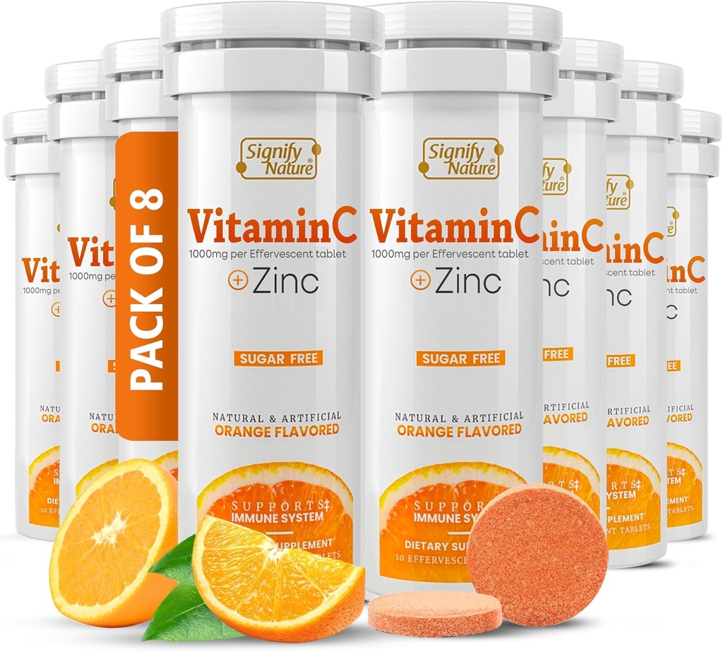 SIGNIFY ΦΥΣΗ Βιταμίνη C 1000mg Αναβράζοντα Δισκία - Ισχυρή Ανοσολογική Υποστήριξη VIT C με Συμπλήρωμα ψευδαργύρου - Χωρίς ζάχαρη & Vegan Formula 