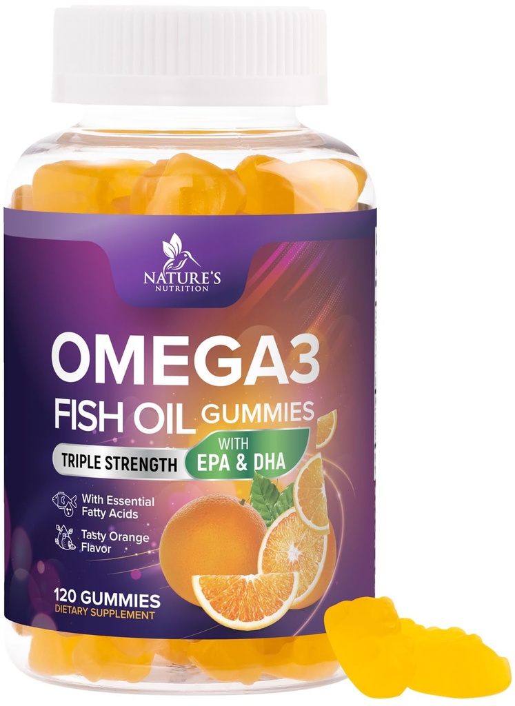 Omega 3 Fish Oil Gummies - 3X Güçlü Kalp Sağlığı Desteği - Yüksek Abhidrasyon Omega 3 Fish Oil Gummy Supplement with DHA & EPA - Ortak & Brain Support for Yetişkinler - Tasty Orange Flavor - 120 Gummies