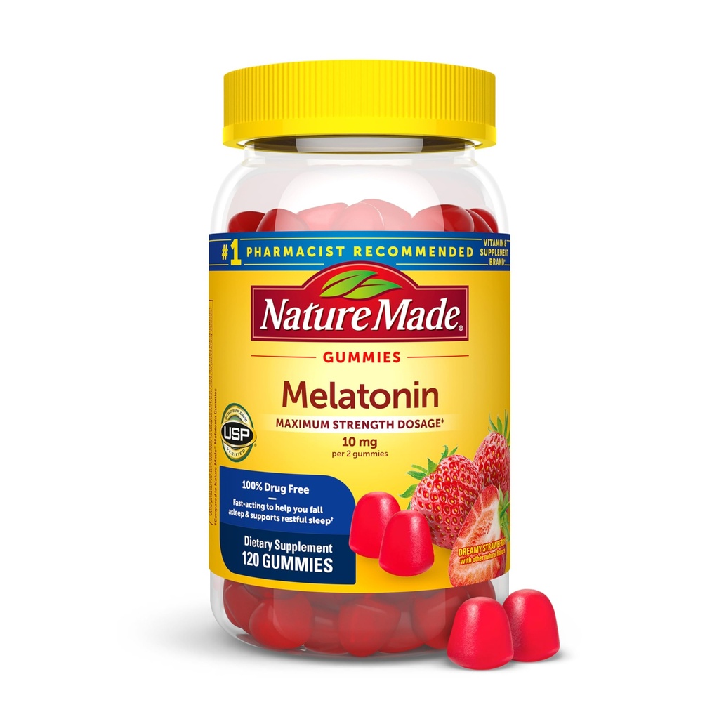 Nature Made Melatonin 10 mg per serve Gummies, Sleep Gummies for Yetişkinler Maximum Strength Dosage, 100% Drug Free Sleep Aid, 120 Kont, 60 Day Supply