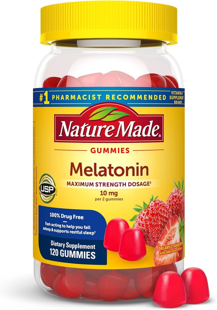 Nature Made Melatonin 10 mg per serve Gummies, Sleep Gummies for Yetişkinler Maximum Strength Dosage, 100% Drug Free Sleep Aid, 120 Kont, 60 Day Supply