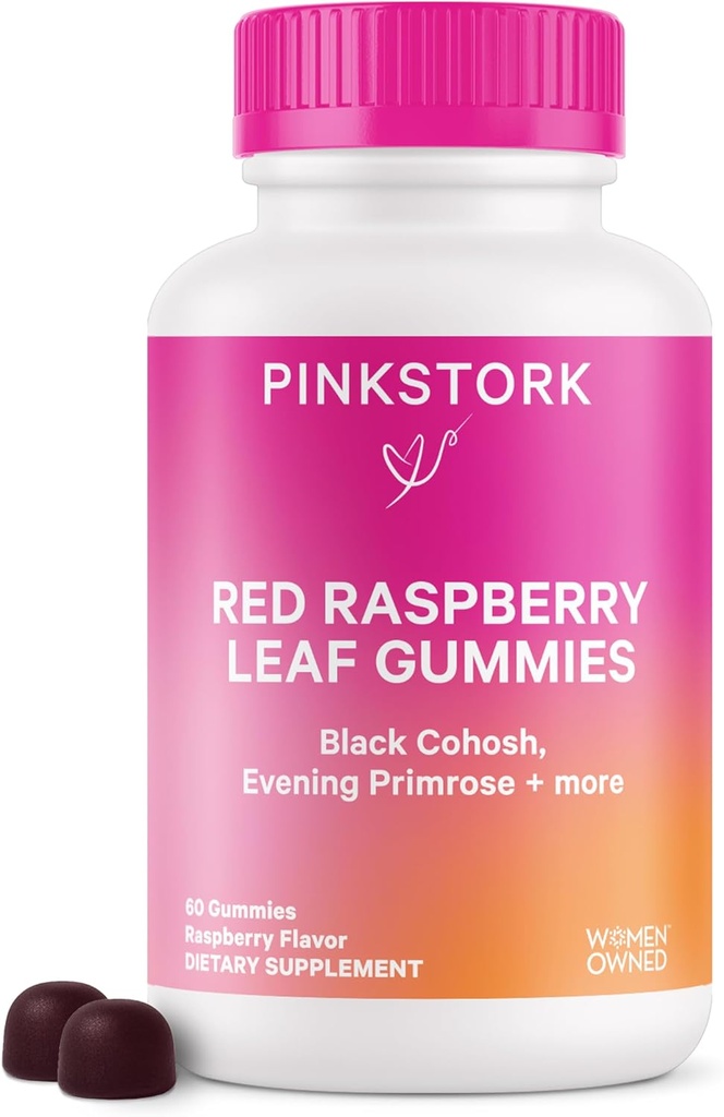 Pink Stork Red Raspberry Leaf Gummies - Third Trimester Labor Prep + Postpartum Mood Essentials with Evening Primrose Oil + Black Cohosh - 60 Vegan Gummy Supplements, Non-GMO