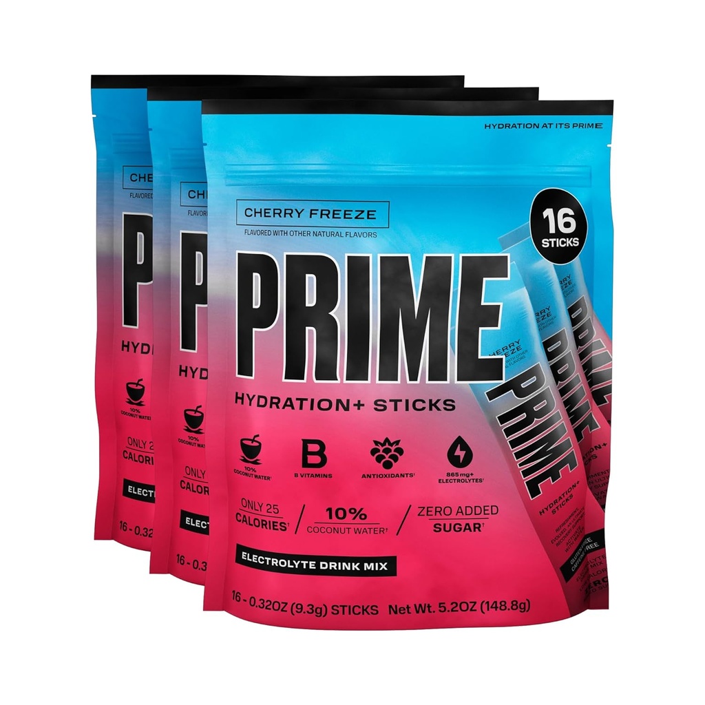 PRIME HYDRATION+ Sticks Cherry Freeze | Hydration Powder Single Serve Sticks | Electrolyte Powder On The Go | 250mg BCAAs, B Vitamins, Antioxidants | Low Sugar | Caffeine-Free | Vegan | 48 Sticks