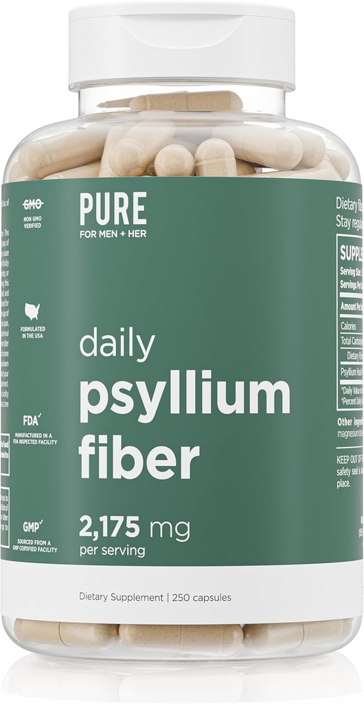 Erkek Günlük Psyllium Husk Fiber Supplement Pure for Her | Digestive Regularity & Gut Health Support | ► Fiber Toz, 2,175mg Per | 250 Capsules