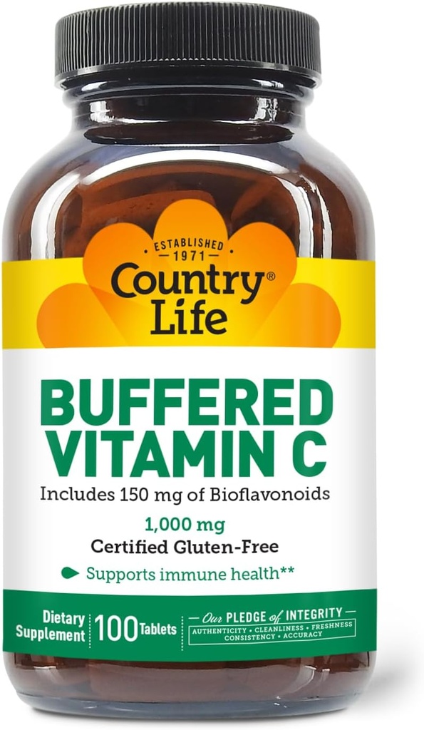 Country Life Buffered Vitamin C 1000mg με Βιοφλαβονοειδή, Ασβέστιο, Μαγνήσιο, Κάλιο - Ανοσοποιητική Υποστήριξη, Κάψουλες Vegan, Χωρίς Γλουτένη, Απαλό στο στομάχι - 100 δισκία