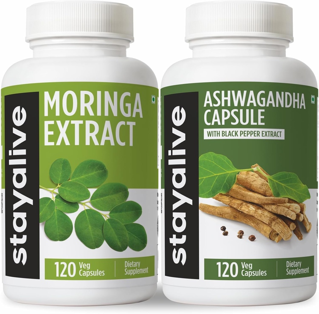 STAY ALIVE Moringa και Ashwagandha Bundle w/Black Pepper Extract, 240 Vegan Pills, Non-GMO & Gluten Free Ashwagandha Moringa συμπλήρωμα 2 συσκευασίας