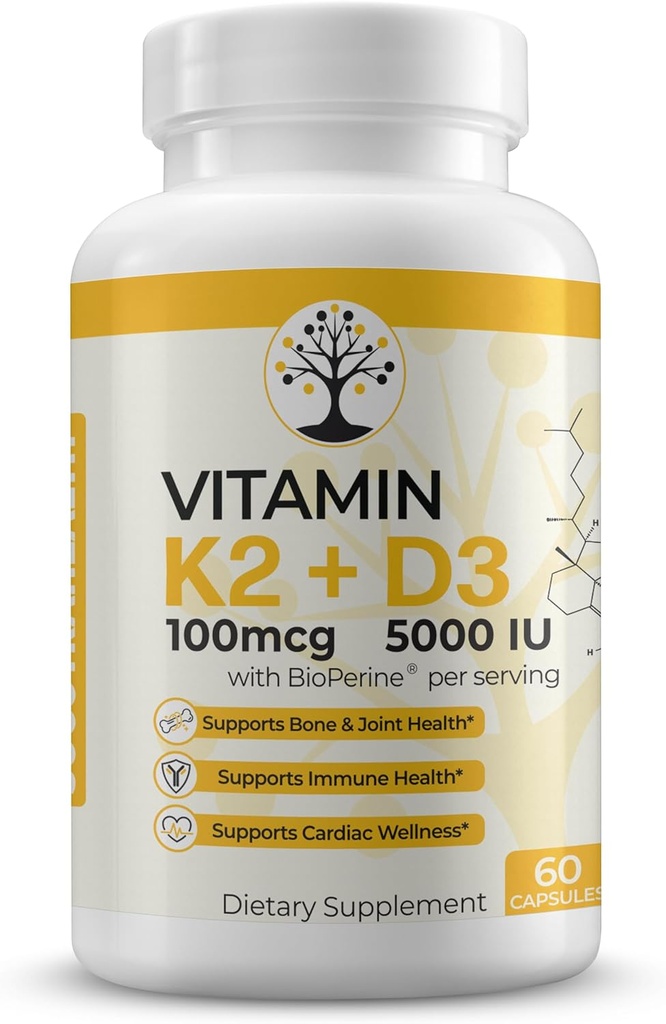 Vitamin D3 K2 Supplement, 5000 IU - Supports Immune and Cardiac Wellness, High Potency, Gluten Free, 60 Capsules