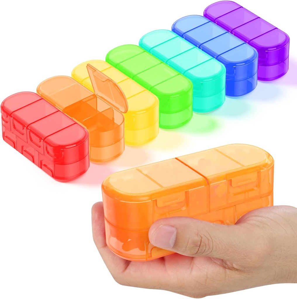 Family Pack Weekly (7 Ημέρες) Travel Pill Organizer, 2/3/4 φορές την ημέρα, Double-Sided Opening Design, Portable Pill Box for Storing Medication/Vitamins/Fish Oils (7 Rainbow Variable Grids)