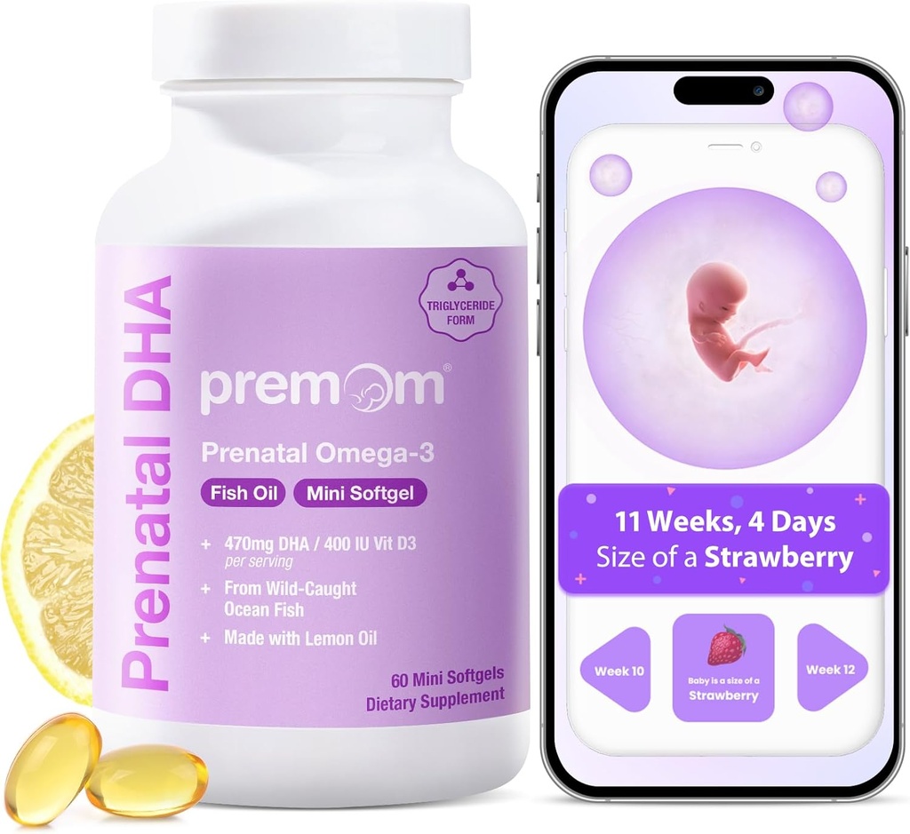 Premom Prenatal DHA Fish Oil: Triglyceride Omega 3 ile 470 mg DHA, 200 mg EPA + 400 IU VIT D3 Supplement - Ferttitude Support for Women - Globally Sourced from Wild Caught Fish