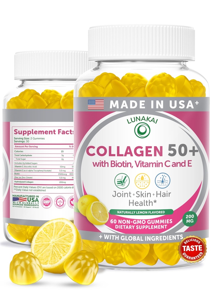 Lunakai ABD Kadınlar ve Erkekler için 50, Biotin & Vitamin C, Destekler Skin Elastikliği, Saç & Nail Güçlü, Ortak Destek, 60ct