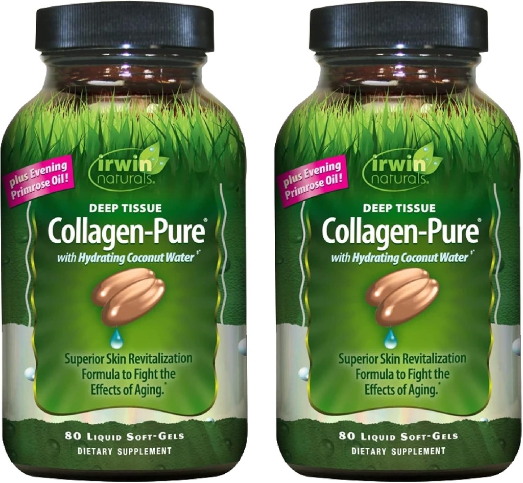 Irwin Naturals Βαθύ κολλαγόνο ιστού- 80 υγρά Soft-Gels – Προηγμένο υδρολυμένο κολλαγόνο + Κοινή & Νοσηλευτική δέρματος - 2 Pack