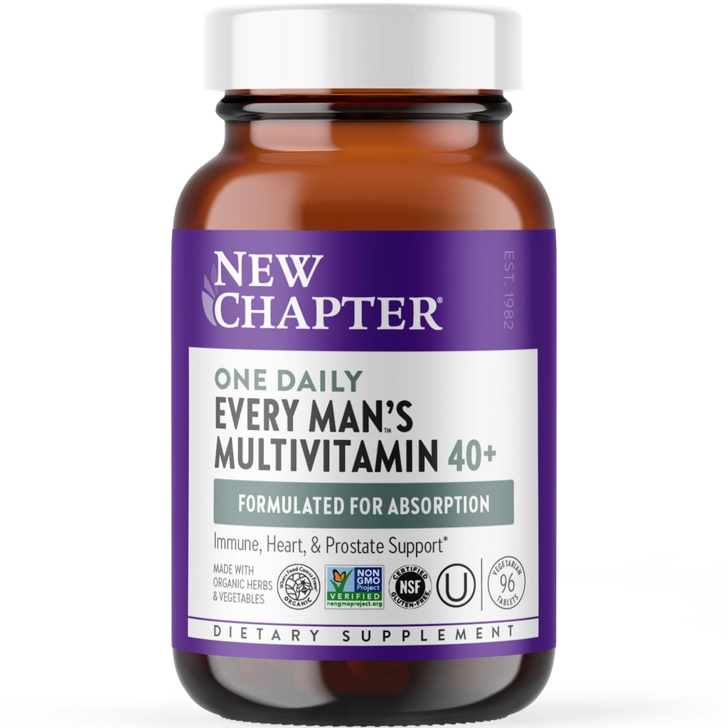 New Chapter Men's Multivitamin 40 Plus for Energy, Heart, Prostate + Immune Support with Fermented Nutrients - Every Man's One Daily 40+, Made with Organic Fruits & Herbs, Non-GMO - 96 ct