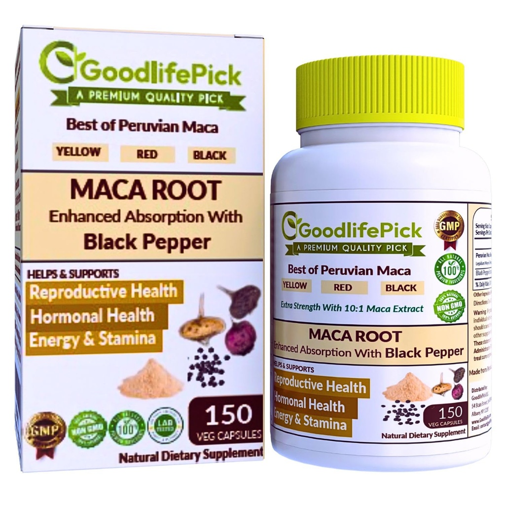 Peruvian Maca Root Capsules 150 ct. Black Pepper ile Güçlü Maca Köksü. All Natural NonGMO Vegan No Stearate No Rice Toz No Silica No Filler