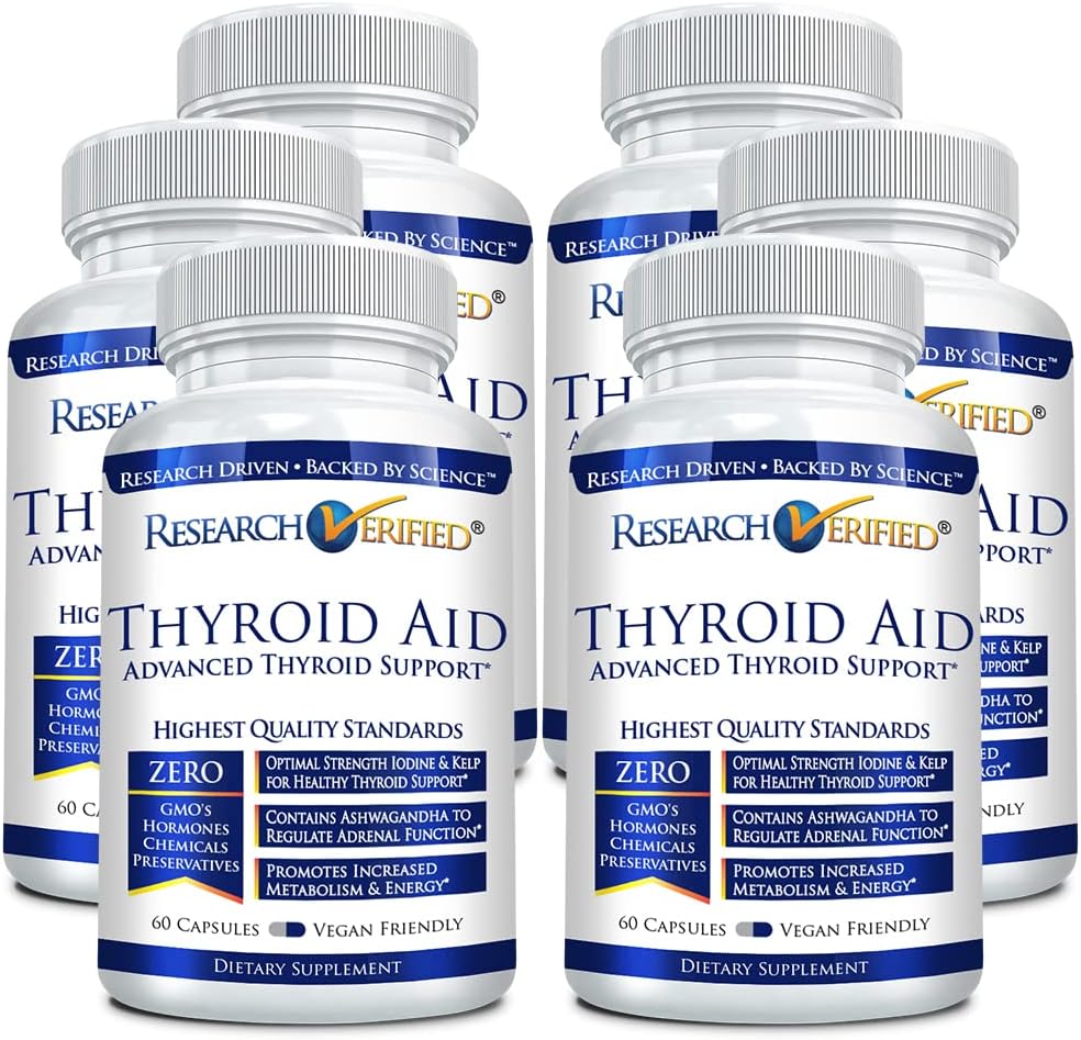 Έρευνα Επαληθευμένο® Thyroid Aid - Optimal Thyroid Function with Iodine, Copper & Zinc - 260 mcg Σελήνιο - 100% Pure - Vegan Friendly - 60 κάψουλες ανά φιάλη - 6 μπουκάλια