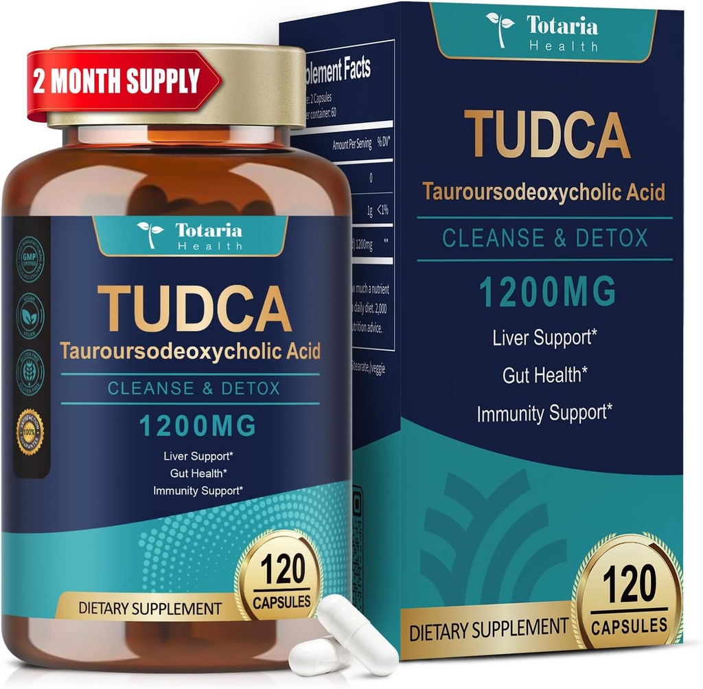Totaria TudCA συμπλήρωμα 1200mg (Ταυροροδεοξυχολικό οξύ), 120 κάψουλες, Ultra Strength TUDCA Bile Salts συμπληρώματα ήπατος, Pure Tudca για το συκώτι και Gallbladder επισκευής, Gut υγεία