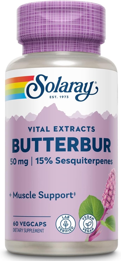 SOLARAY Butterbur Kökleri 50 mg | Sağlıklı Vascular Smooth Kas, Blood Flow, Respiratory Function & Urinary System Health | 60ct