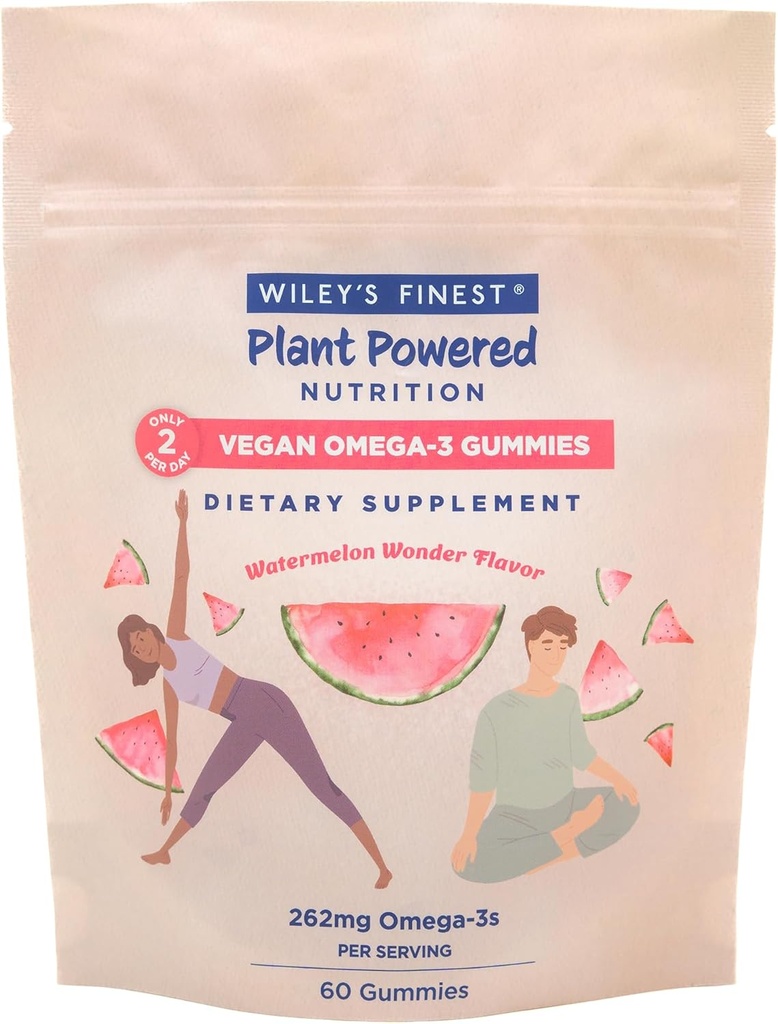 Wiley'S Finest Vegan Omega-3 Gummies - Doğal Şeker - Vejetary Dha, Ala & Sda - Gluten Free - Watermelon Flavor, 60 Gummies