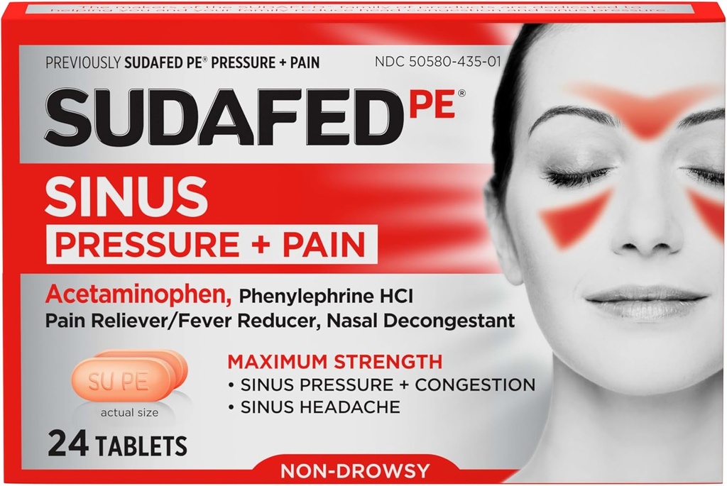 Sudafed PE Sinus Basınç + Ağrı Ölçüm Tabletleri, Maksimum Güç, Non-Drowsy, OTC Sinus Acil Ağrı Reliever & Phenylephrine HCl Nasal Decongestant, 24 ct