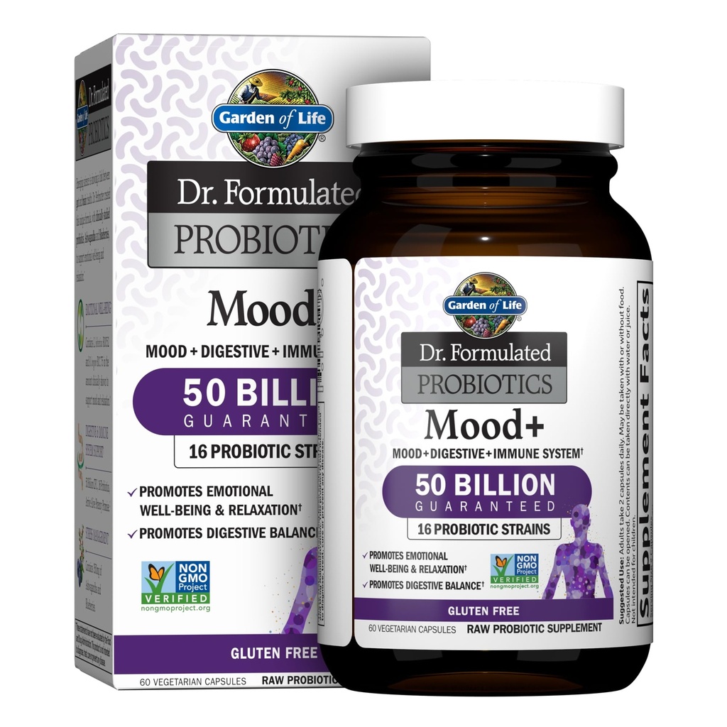 Garden of Life Dr. Formulated Probiotics Mood+ Acidophilus Probiotic Supplement - Προάγει την χαλάρωση και την πειστική ισορροπία - Ashwagandha για τη διαχείριση του στρες - μη GMO, Χωρίς γλουτένη - 60 Veggie Caps