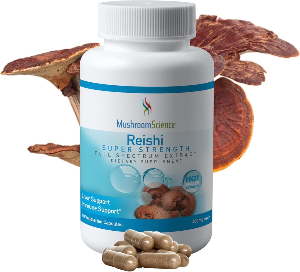 Mushroom Science Reishi Mushroom Capsules, Super Strength Full Spectrum Extract, Natural Mushroom Supplement for Yetişkinler, Hot Water Extracted Mushrooms, Health Support, Vegetarian, 400MG, 90 CT