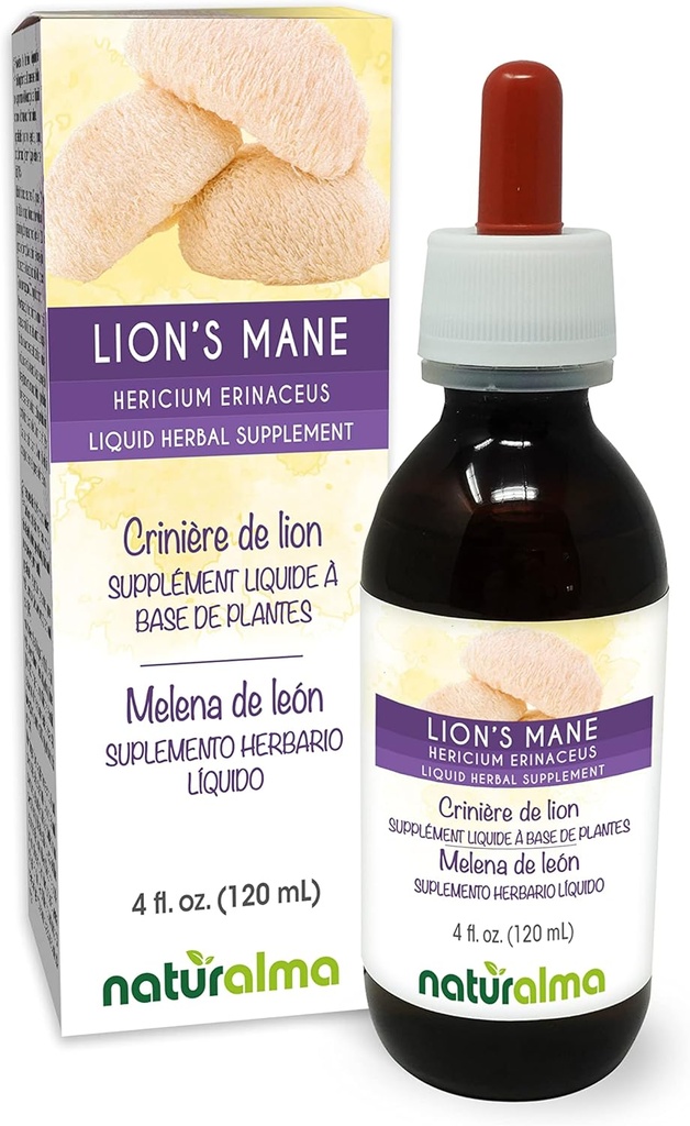 Naturalma Lion's Mane (Hericium erinaceus) Fungus ή Mushroom Αλκοόλ-ελεύθερο Βάμμα - 4 fl oz Liquid Extract in Drops - φυτικό συμπλήρωμα - Vegan