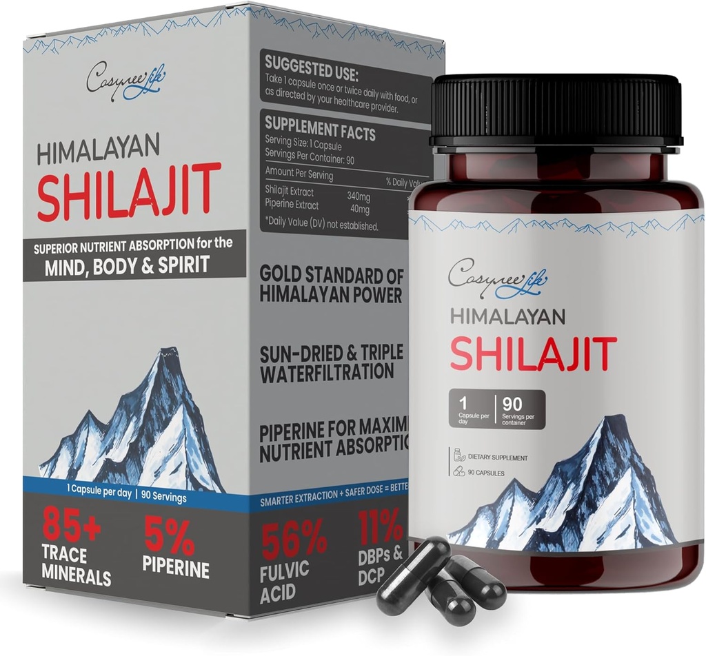 Eşek Himalaya Shilajit - Shilajit Capsules, Erkekler için Shilajit,% 56 Fulvic Acid &% Piperine, 90 Caps