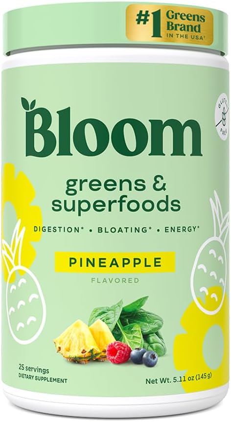 Bloom Nutrition Superfood Greens Powder, Digestive Enzymes with Probiotics and Prebiotics, Gut Health, Bloating Relief for Women, Chlorella, Green Juice Mix with Beet Root Powder, 25 SVG, Ανανάς