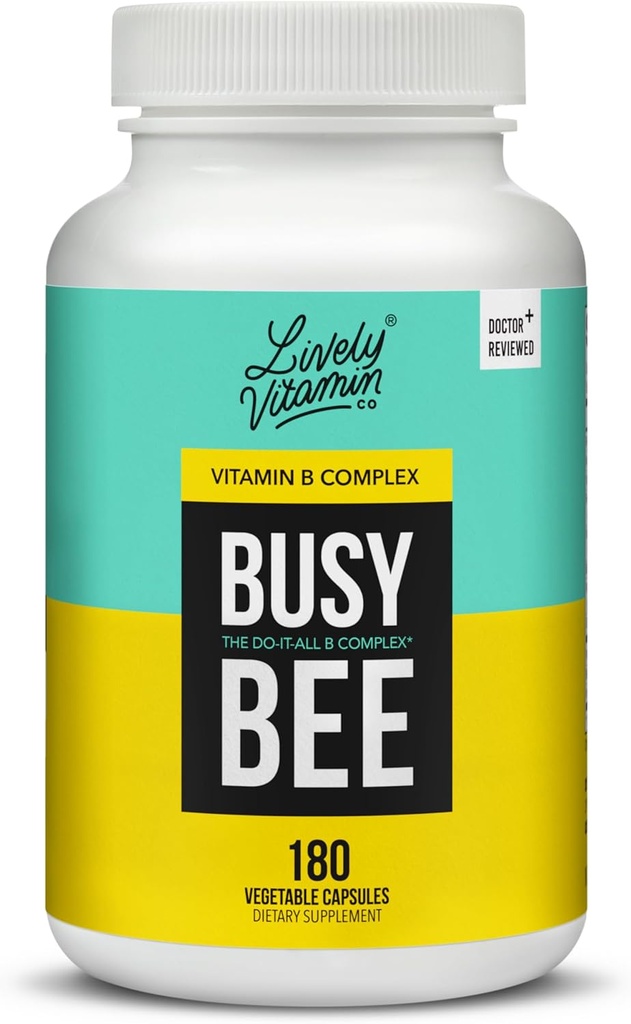 LIVELY VITAMIN CO. Busy Arı - Yüksek Biyo kullanılabilir Vitamin B Kompleksi Choline - Enerji - Stres - Beyin Fog - Ruh Clarity - Oxidative Hasar - Süt Soy Gluten Ücretsiz - 180 Vegan Capsules
