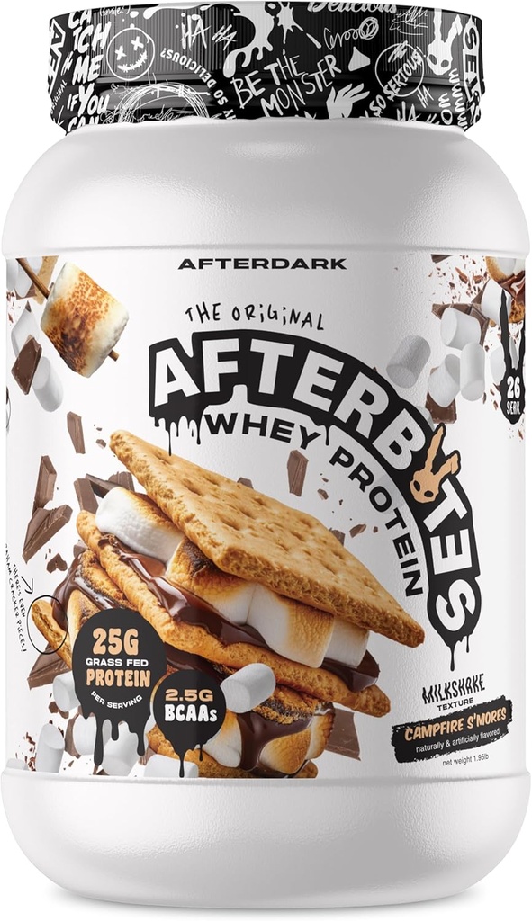 afterDARK AfterBites Whey Protein Powder, 25g Protein, 4.5g BCAA’s, Easy Dissolving, Χωρίς τεχνητά χρώματα ή πληρωτικά, Isolate Protein, USA Made, 26 Servings, Campfire Smores