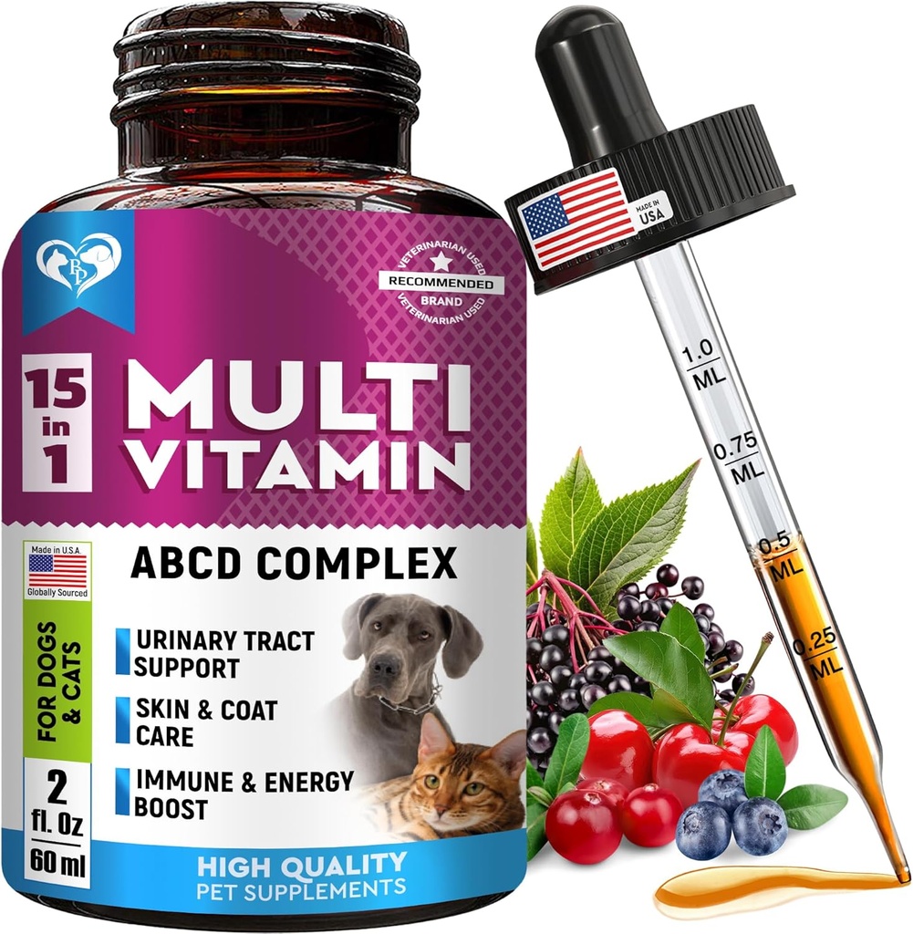 Cat & Dog Multivitamin Sıvı ile Glucosamine & Cranberry | 15 in 1 Health Supplements for Urinary Tract Kidney, Bladder, Hip & Ortak, Skin & Coat | Natural UTI Medicine Made in USA (60 ml)