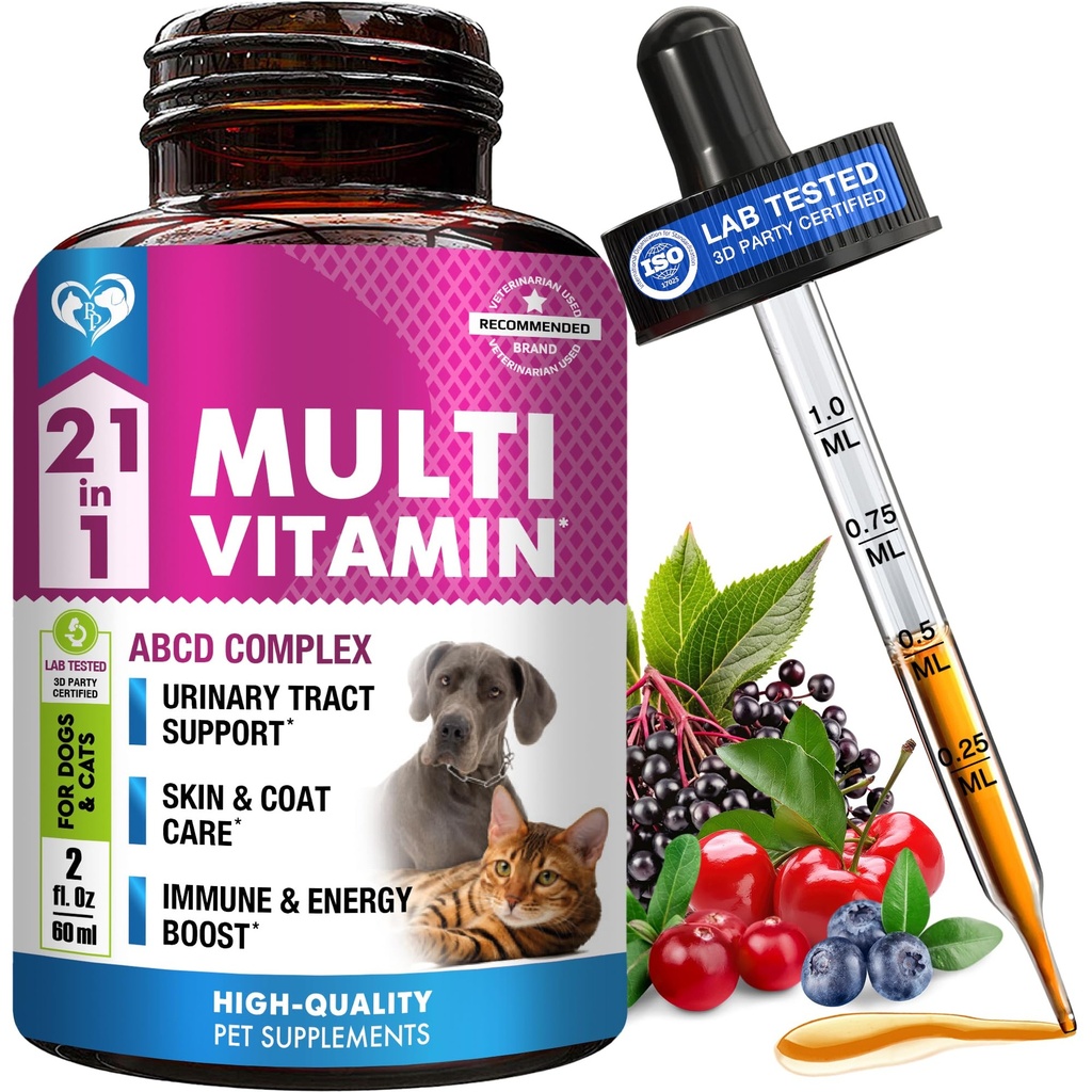 Cat & Dog Multivitamin Sıvı ile Glucosamine & Cranberry | 15 in 1 Health Supplements for Urinary Tract Kidney, Bladder, Hip & Ortak, Skin & Coat | Natural UTI Medicine Made in USA (60 ml)
