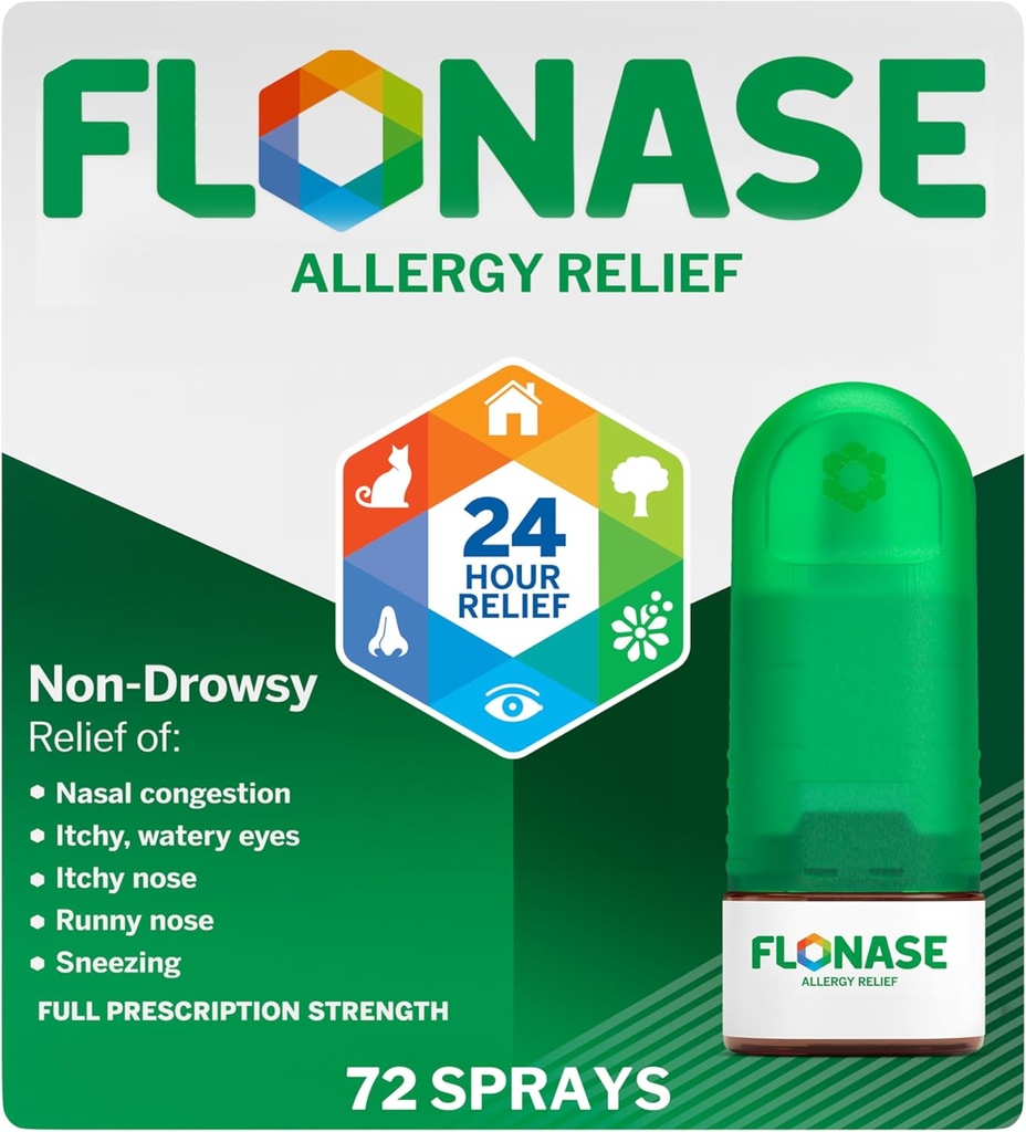 Flonase Allergy Relief Nasal Spray, 24 Hour Non Drowsy Allergy Medicine, Metered Nasal Spray - 72 Sprays - Fall and Seasonal Allergy Relief