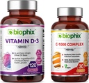 Biophix Vitamin D-3 5000 IU 120 Softgels - Ücretsiz Vitamin C-1000 30 Tablet - Ekstra Virgin Zeytinyası'nda Yüksek Lisanssız Zeytinyağsız Hastalıklar Immune Health