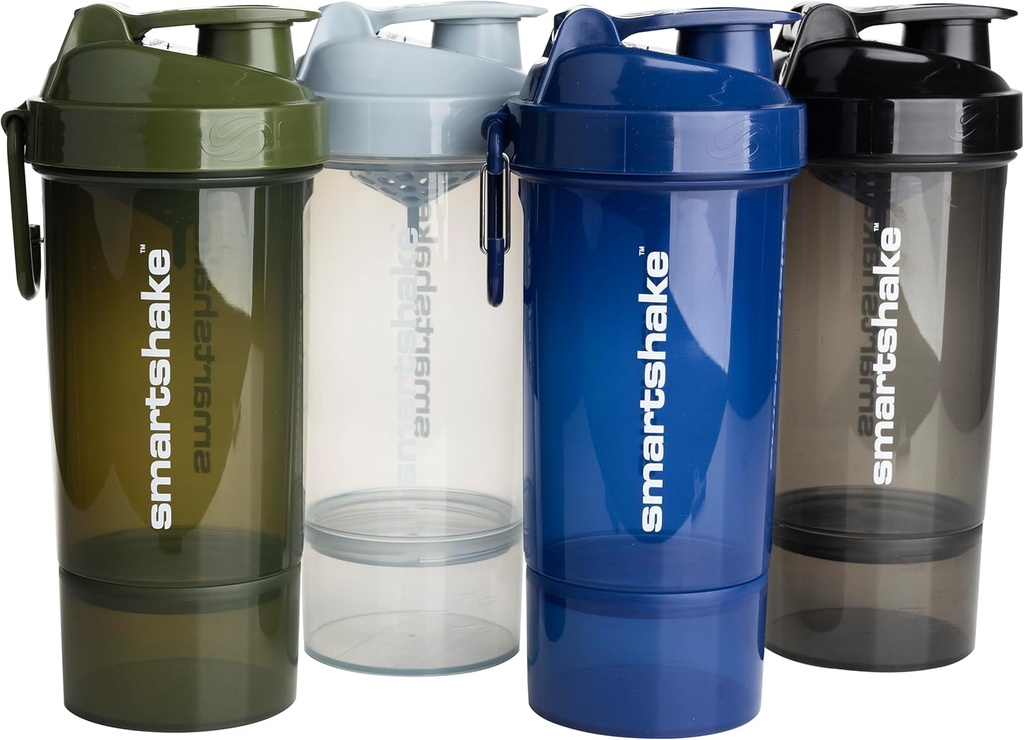 Smartshake O2GO ONE 4-Pack Protein Shaker Şişe 800 ml | 27 oz - Depolama dahil - Leakproof Vida-on Lid - BPA Free - Unisex - Mist Gray, Army Green, Black, Navy Blue,
