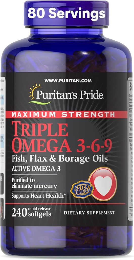 Puritan'ın Gurur Premium En Güçlü Üç Aktif Omega 3-6-9 Balık, Flax ve Borage Petrolleri, Kalp, Ortak ve Hücre Sağlığı Desteği için Diyetsel Tamam, 240 Hızlı Yayın Softgels