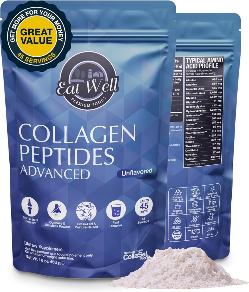 EAT WELL PREMIUM GIDAS Collagen, Toz Protein 45 Hizmet, 16oz, Skin, Bone ve Ortak Destek için Collagen, Tip I & III Grass Fed Collagen Supplements for Women and Men, Keto, Amino Acids