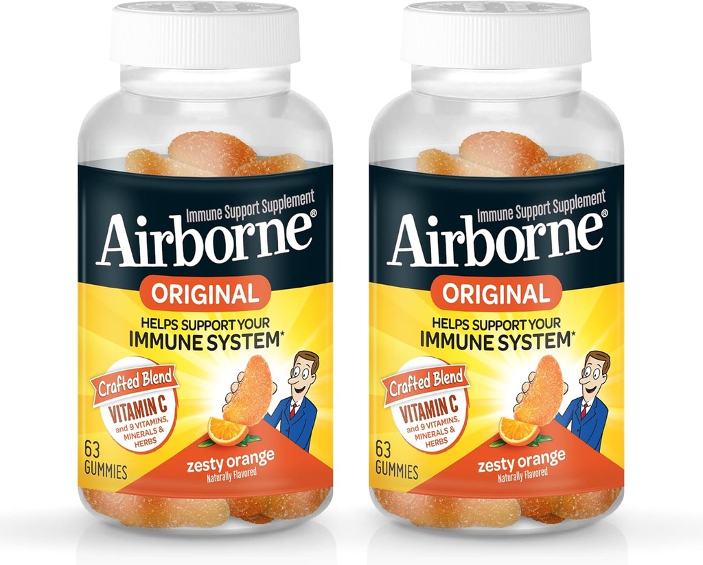 Airborne 750 mg Vitamin C Immune Support Supplement Gummies for Yetişkinler, Zesty Orange Flavor, Gluten Free Crafted Mix with Powerful Antioksis A C & E, 63 Gummies (2 Pack)