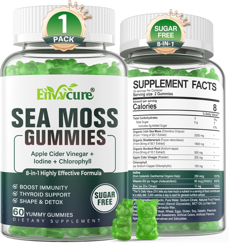 1Pack Sea Moss Gummies Sugar-Free, Extra Strength Irish Moss Gel Supplement with Iodine, Chlorophyll, Unfiltered ACV, D3, Burdock Root, Bladderwrack for Immune, Digestive, Skin, Hair, Det,x, Vegan
