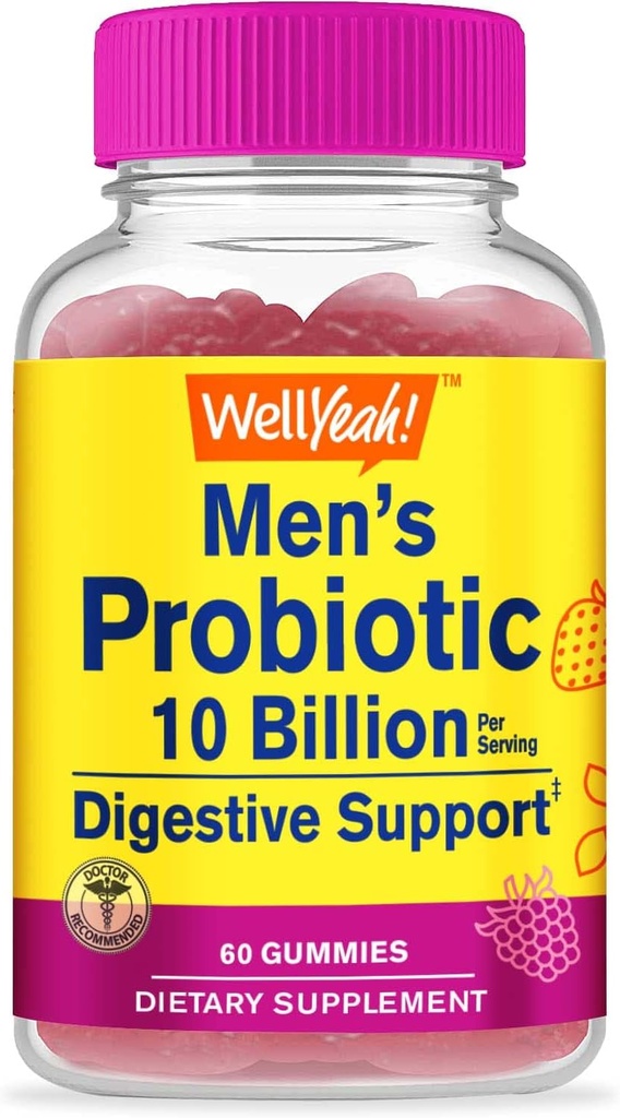WellYeah Probiotic Gummies for Men with 10 Billion CFUs, Restore Natural Digestive Balance, Reduce Gas, Bloating, and Irribility, Gluten Free, Non-GMO, Vegetarian - 60 Gummies
