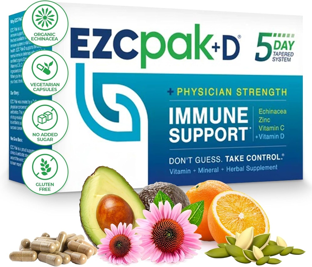 EZC Pak 5 Günlük Echinacea, Vitamin C, çinko & Vitamin D - Telsiz Immune Support Supplement for Yetişkinler - Destekler Immunity, Easy Travel-Size Tamam Paketi