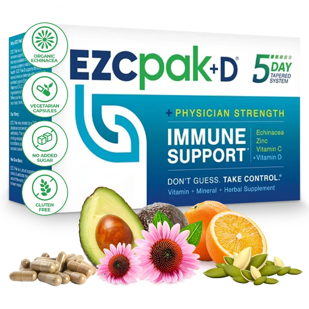 EZC Pak 5 Günlük Echinacea, Vitamin C, çinko & Vitamin D - Telsiz Immune Support Supplement for Yetişkinler - Destekler Immunity, Easy Travel-Size Tamam Paketi