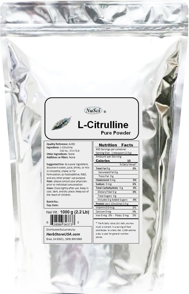 L-Citrulline 1000g (2.2 lb, 35.2 oz) Pure Toz, Nitrik Oksit, AJI92 Quality Standard.