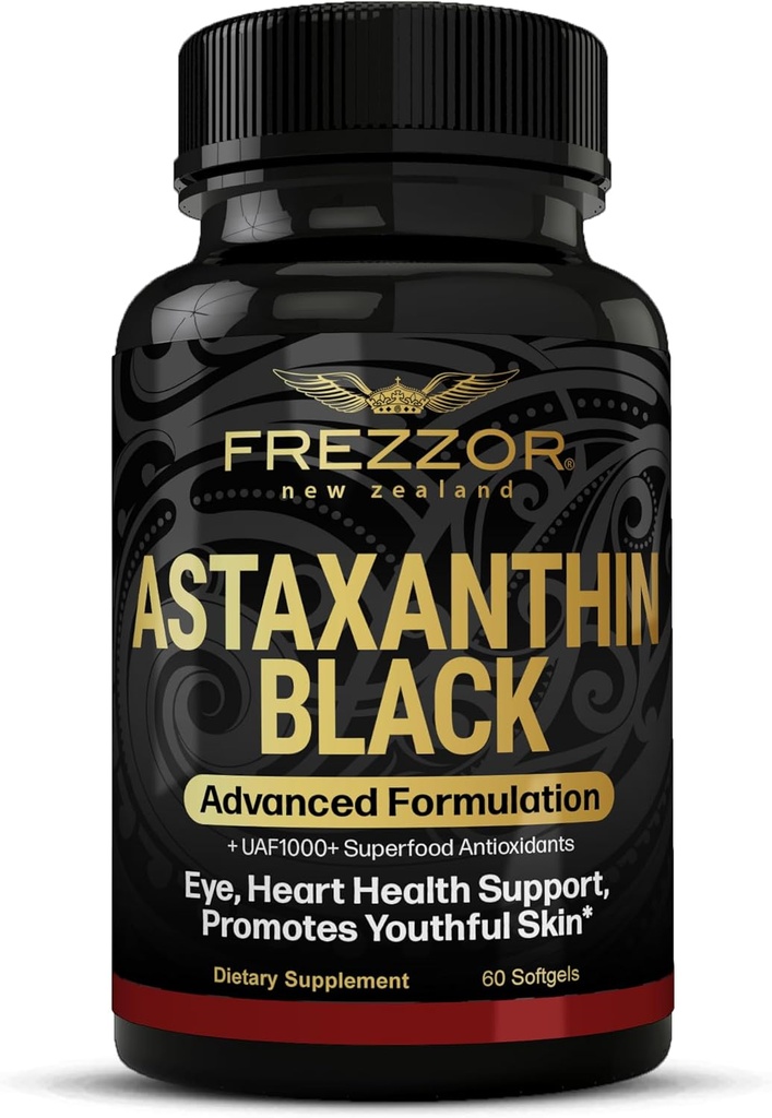 FREZZOR Astaxanthin Black 12mg | Anti-Aging Beauty Supplement Antioksi | Skin, Eye, Nerve, Muscle | Cardiovascular ve Immune Support | 60 Softgels