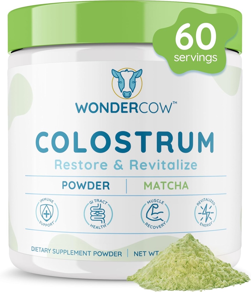 WONDERCOW Colostrum Supplement Toz for Gut Health, Immune Support, Muscle Recovery & Wellness | Natural IgG Pure Whole Bovine Colostrum Superfood, Matcha, 60 Hizmetler